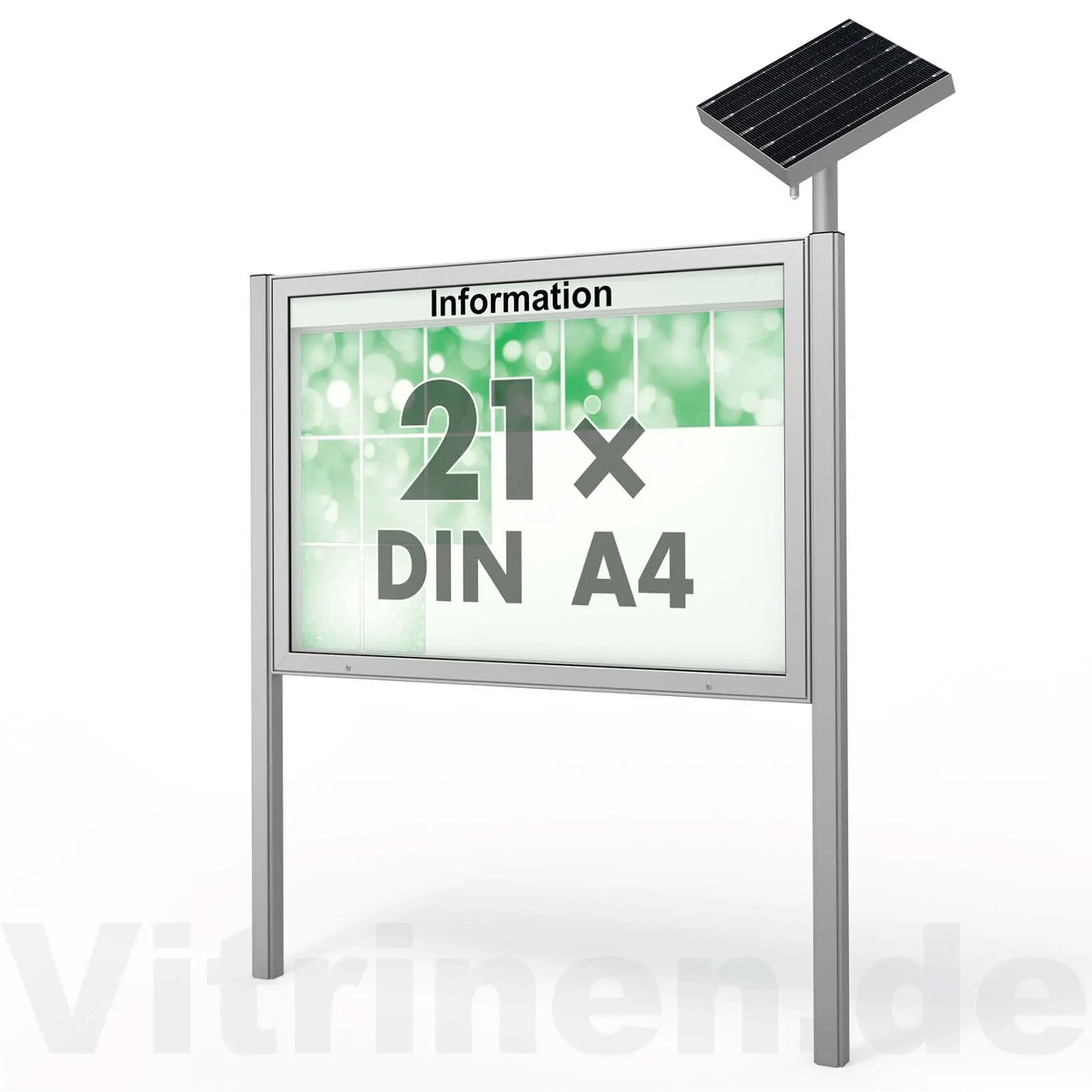 21 x DIN A4 Schaukasten Plenum eckig - der "Klassiker" mit Solar-Modul und Pfosten - Bautiefe 210mm